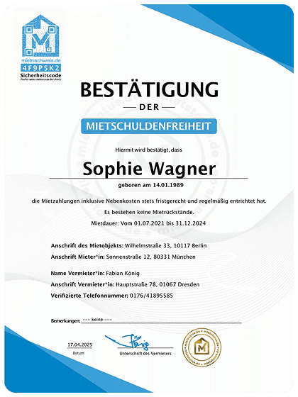 Beispiel einer Mietschuldenfreiheitsbescheinigung mit Sicherheitscode für Online-Verifikation bei mietnachweis.de