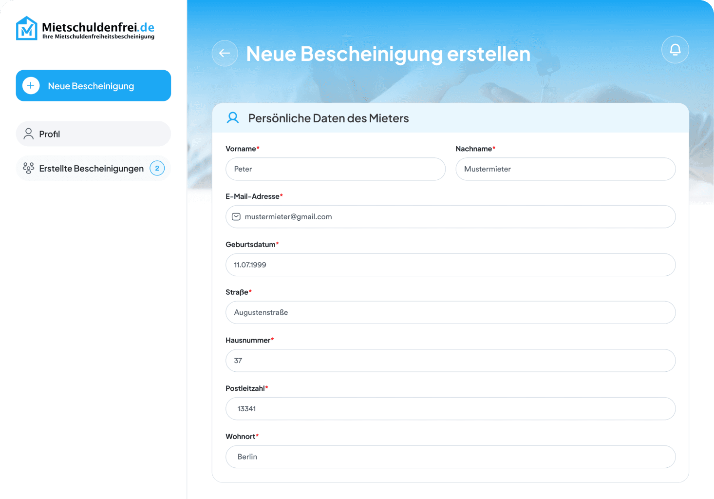 Mietschuldenfreiheitsbescheinigung Sicherheitscode verifizieren