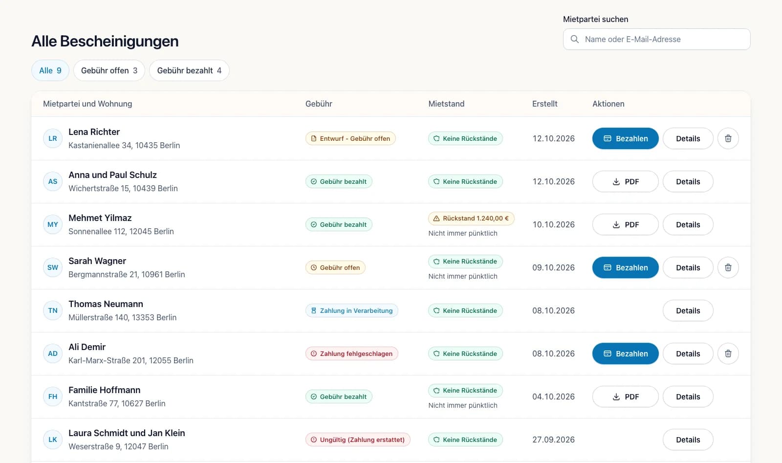Vermieter-Konto mit Musterdaten: Liste „Alle Bescheinigungen“ mit Filtern nach Gebühr, Spalten Mietpartei und Wohnung, Gebühr, Mietstand, Erstellt und den Aktionen Bezahlen, PDF und Details