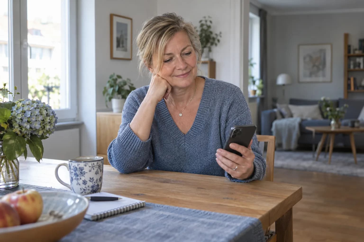 Eine Frau sitzt am Esstisch und liest eine Nachricht auf ihrem Handy.